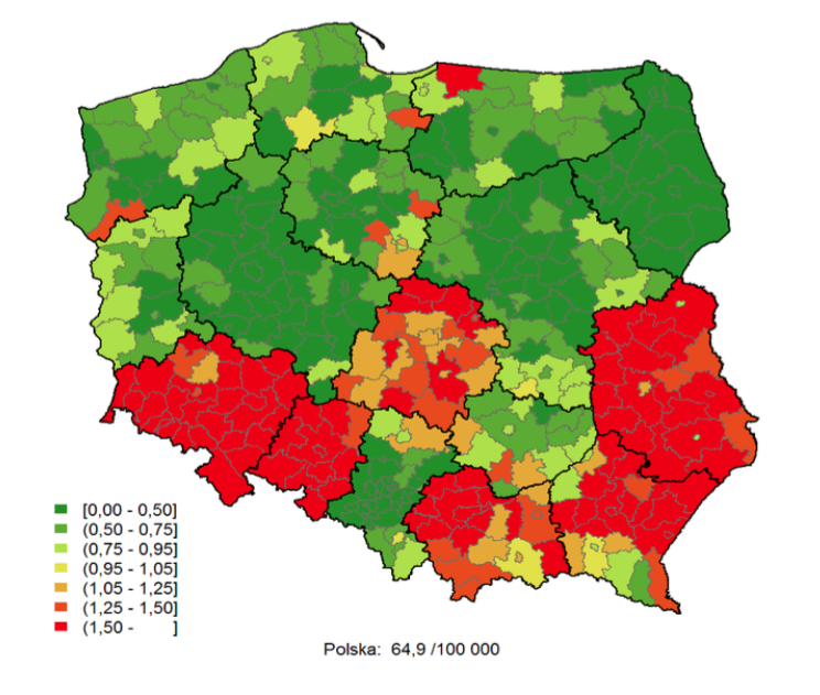 Rys. Statystyka umieralności Polaków w określonych regionach Polski na chorobę miażdżycową